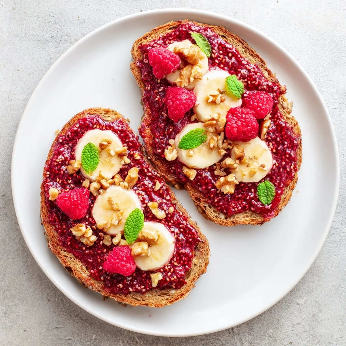 Close-up of a raspberry chia jam toast with fresh raspberry topping, perfect for a quick snack.