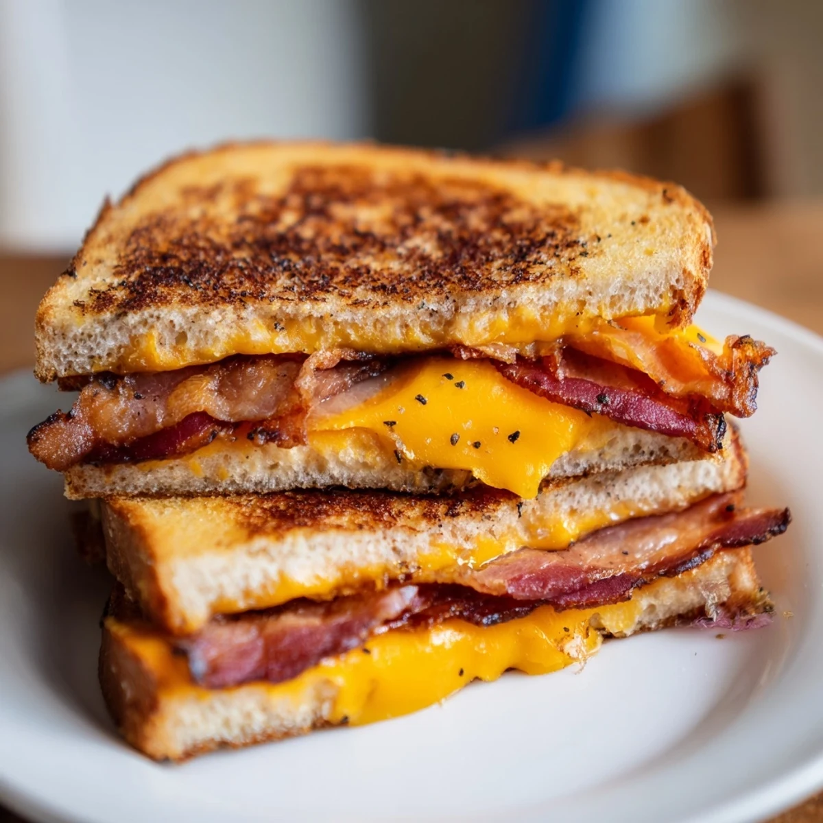 A close-up of a perfectly grilled Crispy Bacon Cheddar Grilled Cheese, with bacon peeking out invitingly.