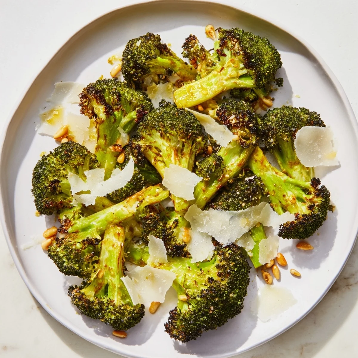 Golden-brown charred broccoli salad with Parmesan, a flavorful vegetarian side dish.