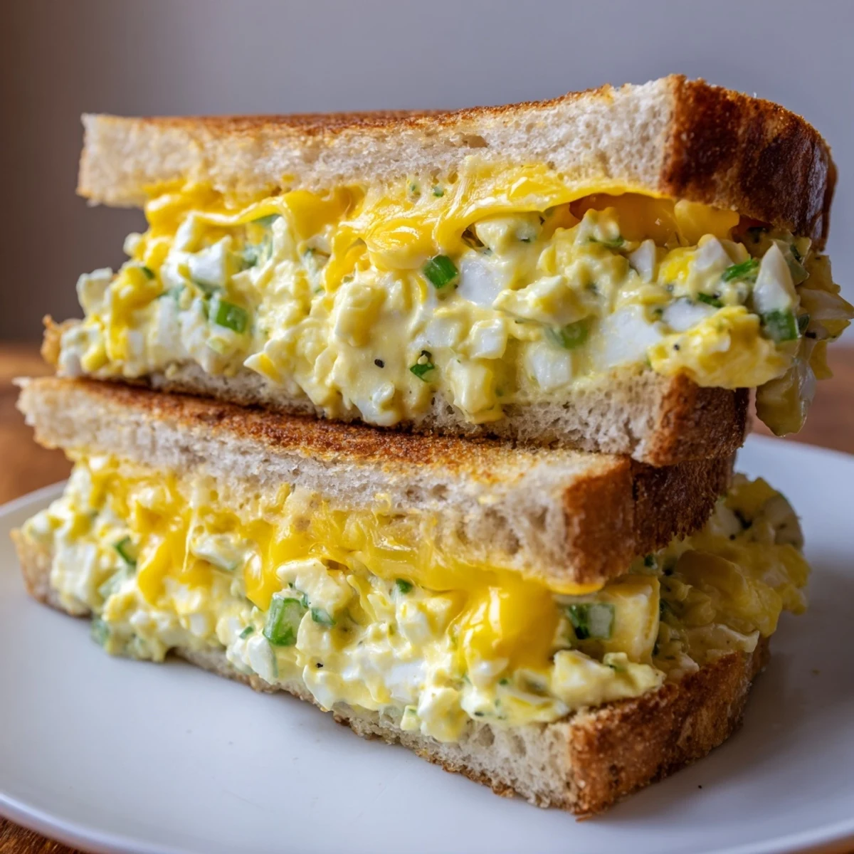 Golden, cheesy, and creamy Egg Salad Grilled Cheese, a perfectly toasted sandwich ready to be devoured.