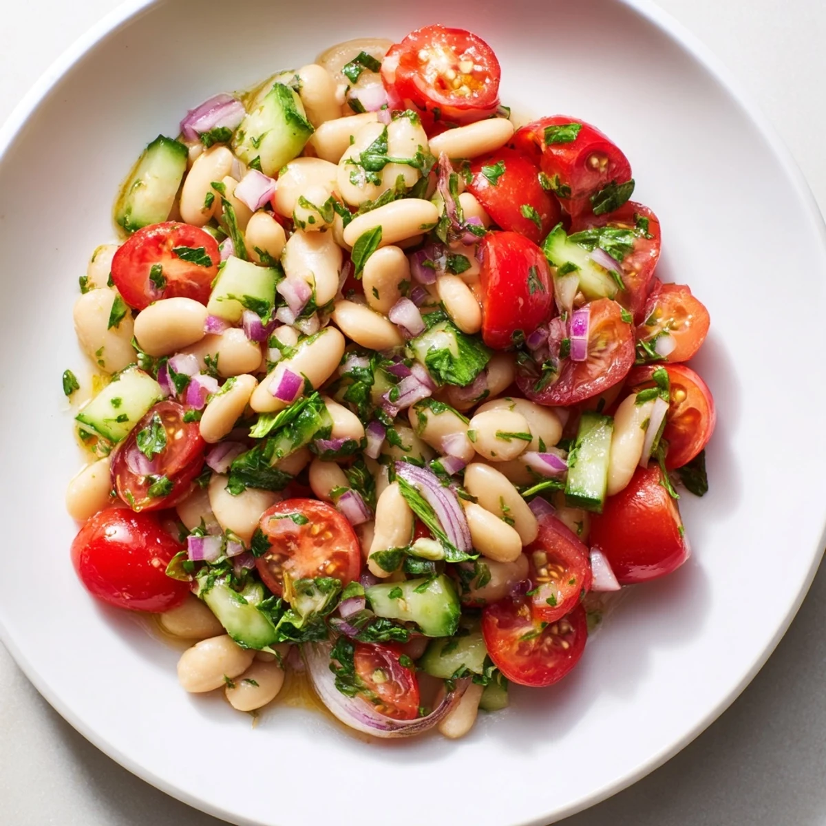 Vibrant white bean salad with plump cherry tomatoes, drizzled with zesty olive oil, ready to serve.