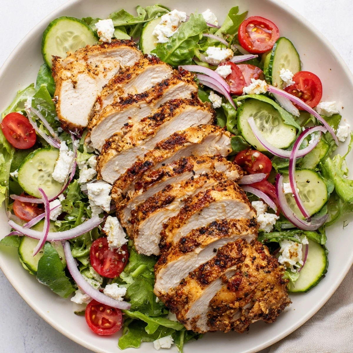 Quick pan-seared chicken salad is shown with perfectly browned chicken atop fresh, vibrant greens, ready to enjoy.