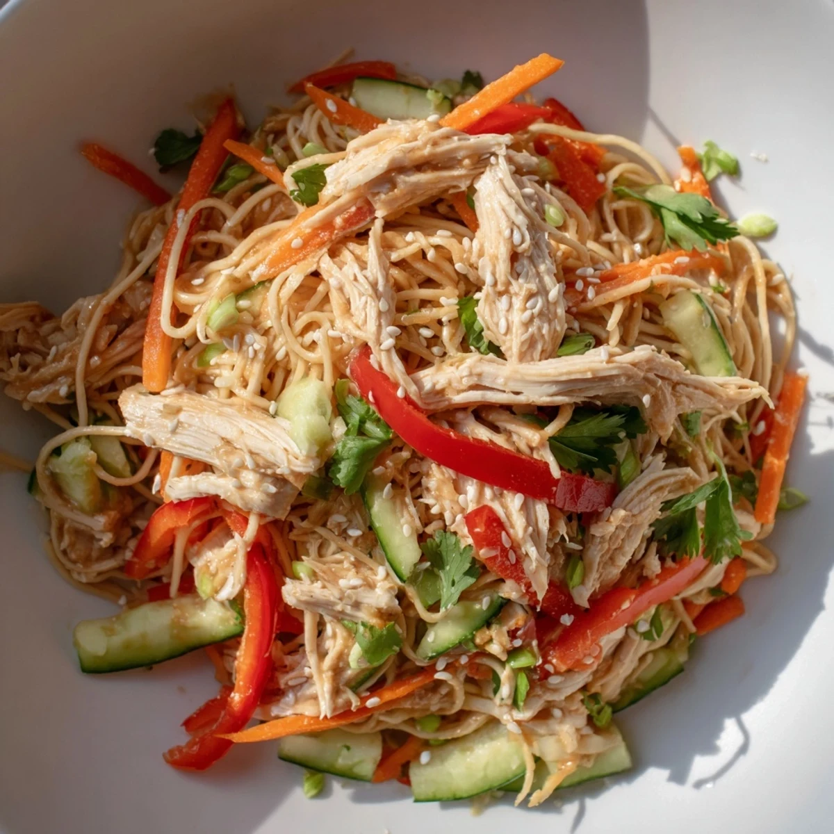Chilled Chicken Noodle Salad: A vibrant bowl showcasing shredded chicken nestled with colorful vegetables and noodles.