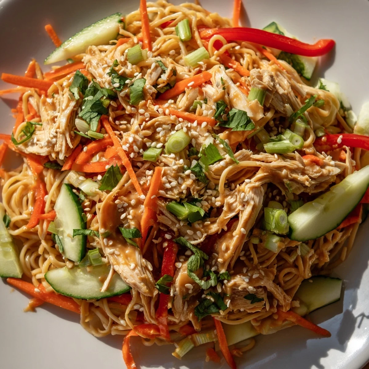 This Chilled Chicken Noodle Salad features a creamy sesame dressing, tossed over fresh ingredients, ready to eat!