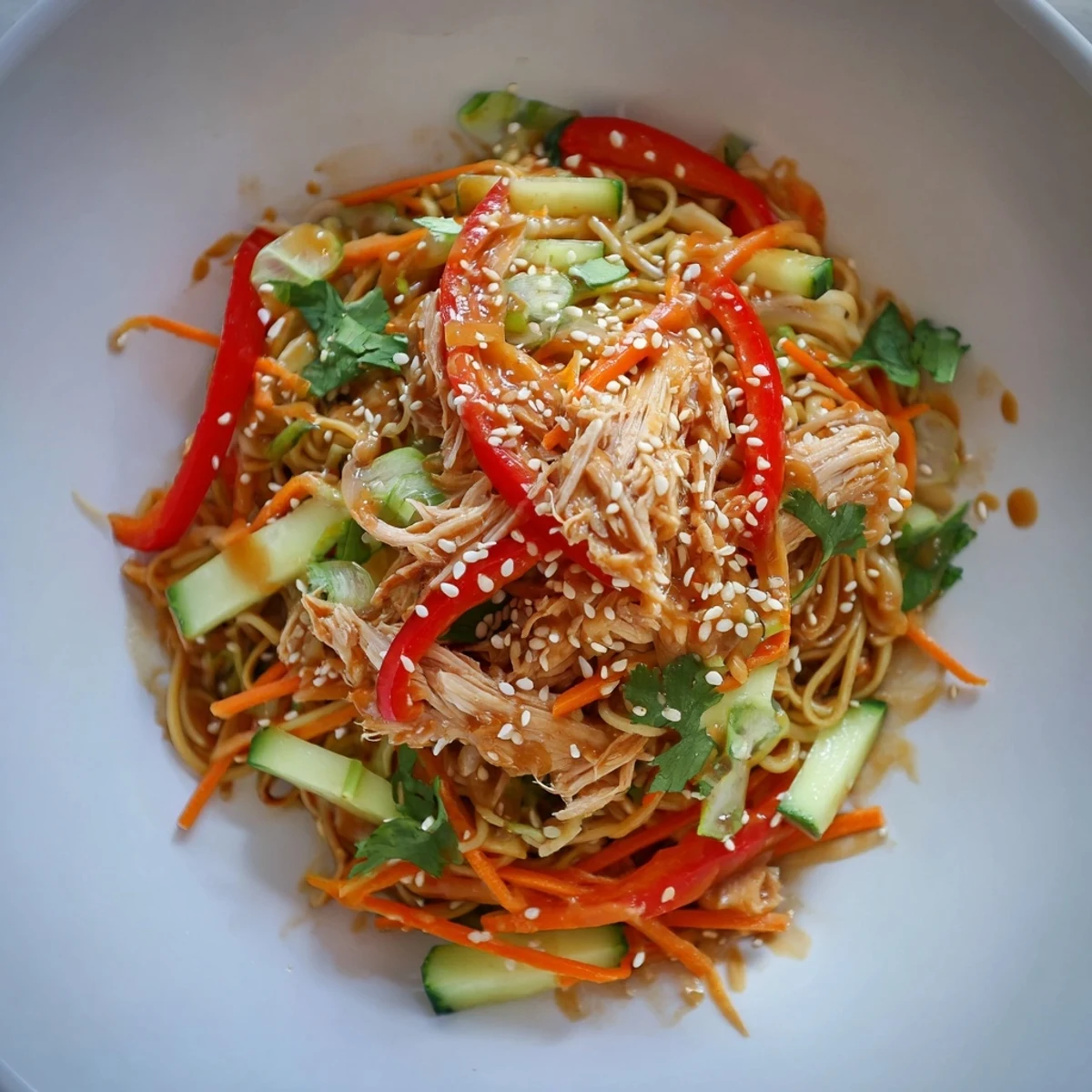 Prepare to savor this refreshing Chilled Chicken Noodle Salad, complete with vibrant garnishes and cooling textures.