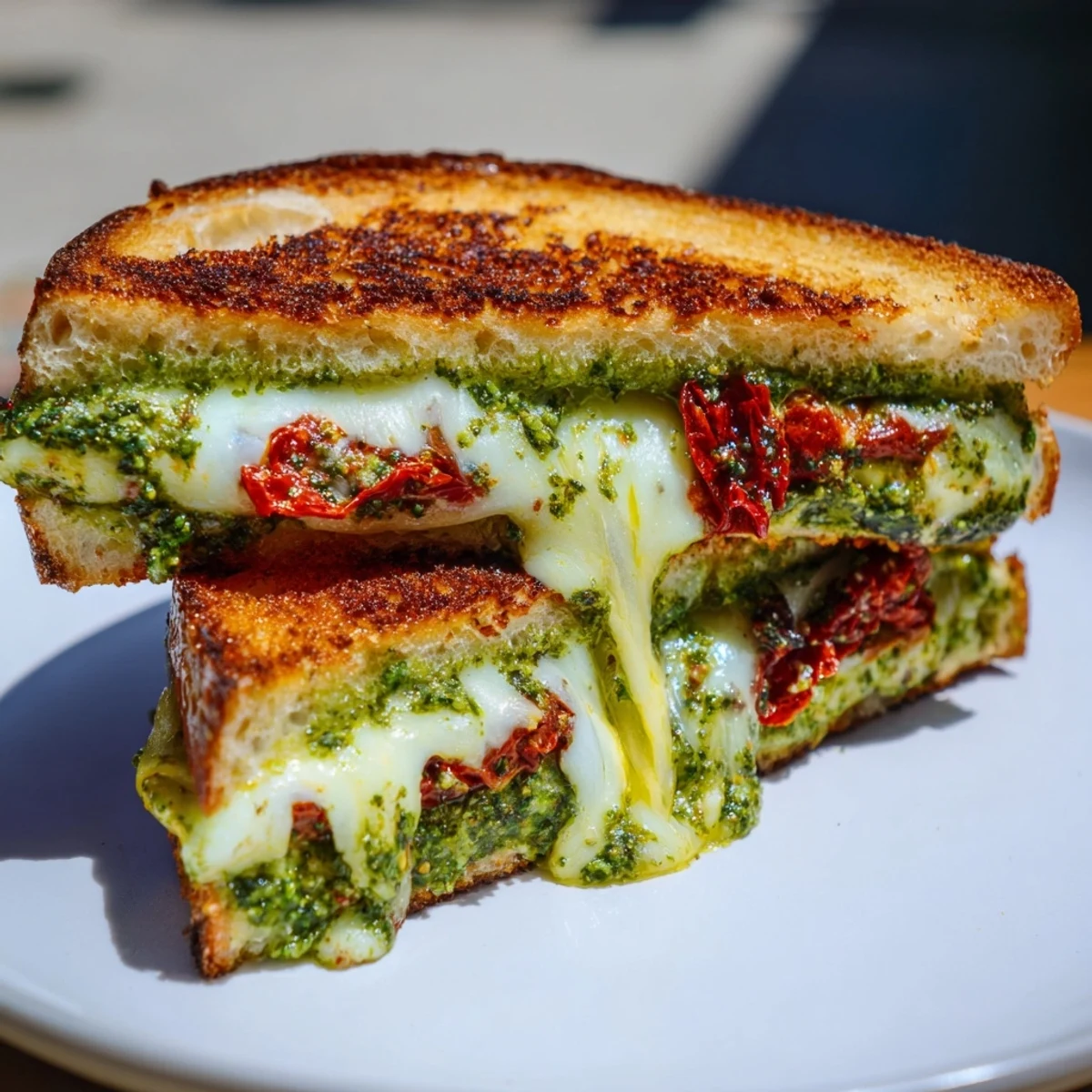 Golden, crispy pesto grilled cheese, loaded with melting mozzarella and sun-dried tomatoes.