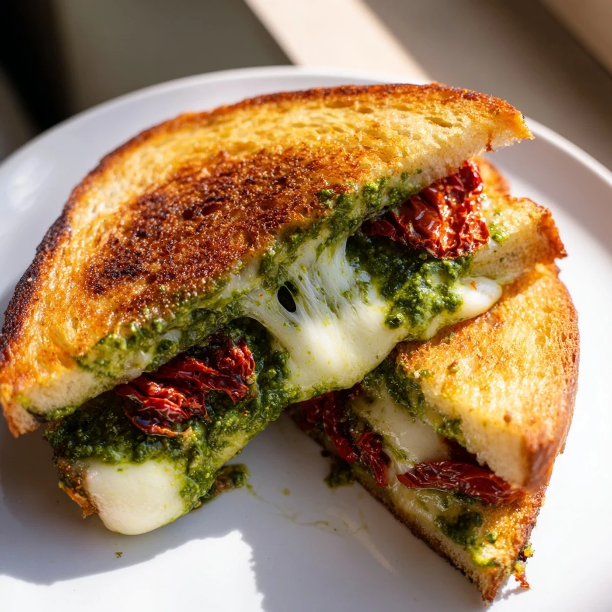 A close-up of a richly flavored, oozing pesto grilled cheese sandwich, ready to enjoy.