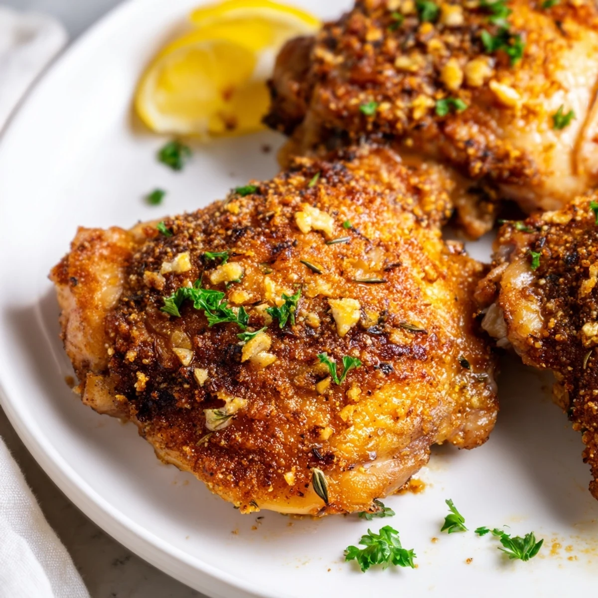 Golden, crispy garlic crust on succulent, juicy Crispy Garlic Chicken Thighs served with lemon wedges.