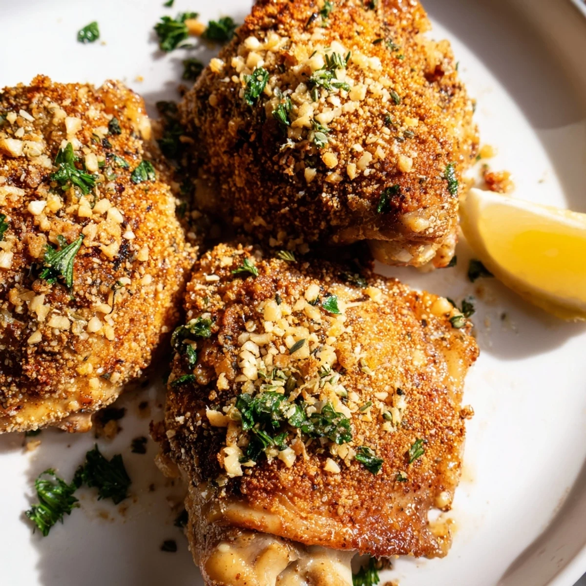 Close-up of golden brown Crispy Garlic Chicken Thighs, perfectly roasted, with that irresistible garlic flavor.