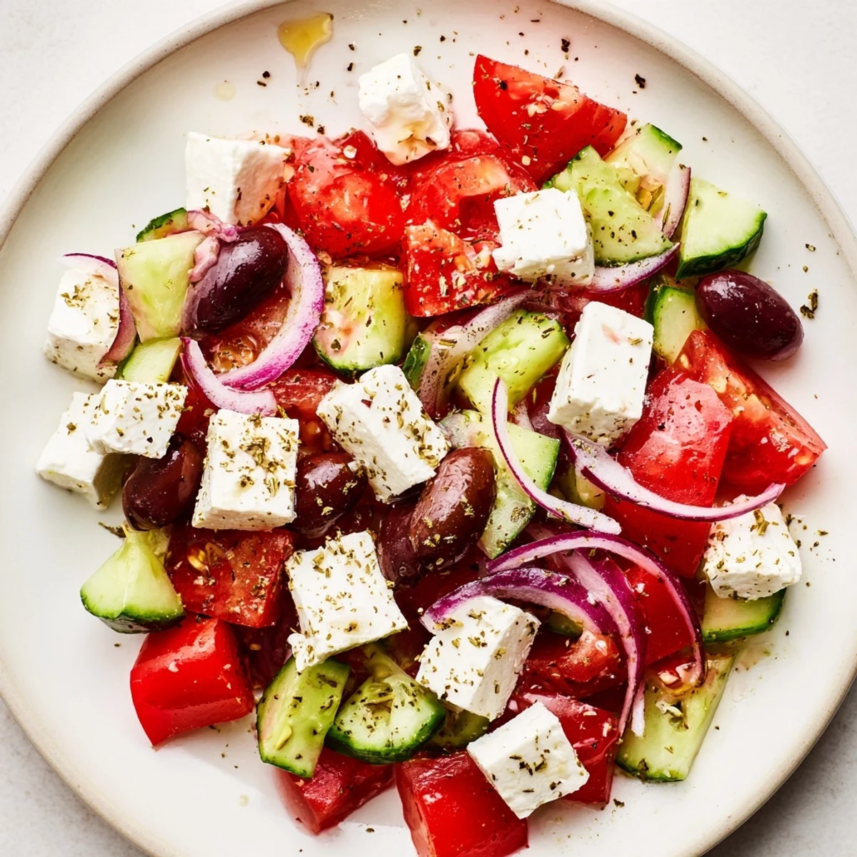 Freshly tossed Mediterranean salad, showcasing vibrant tomatoes, olives, and a zesty dressing.