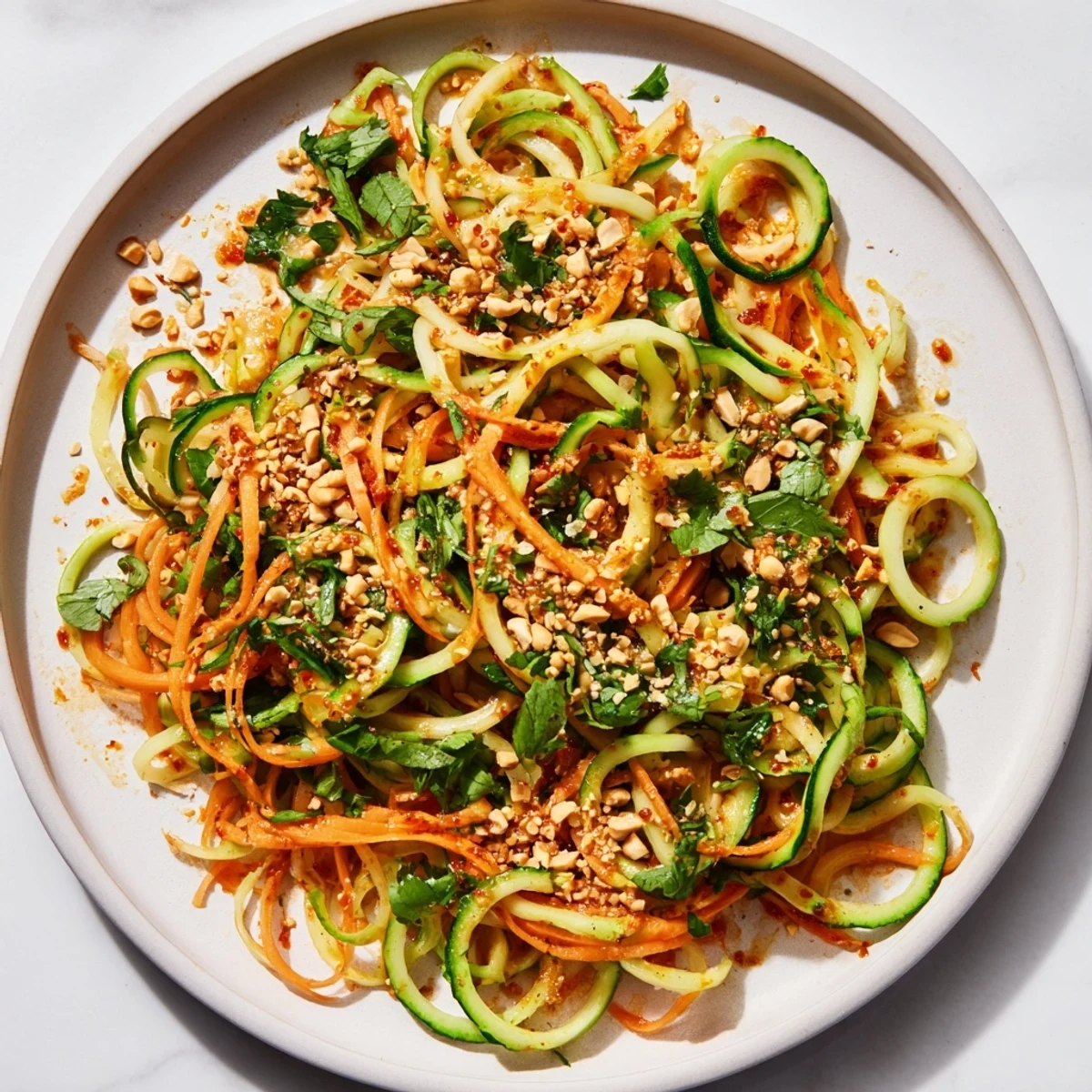 A close-up of a spicy cucumber noodle bowl, showcasing fresh ingredients and bright colors.