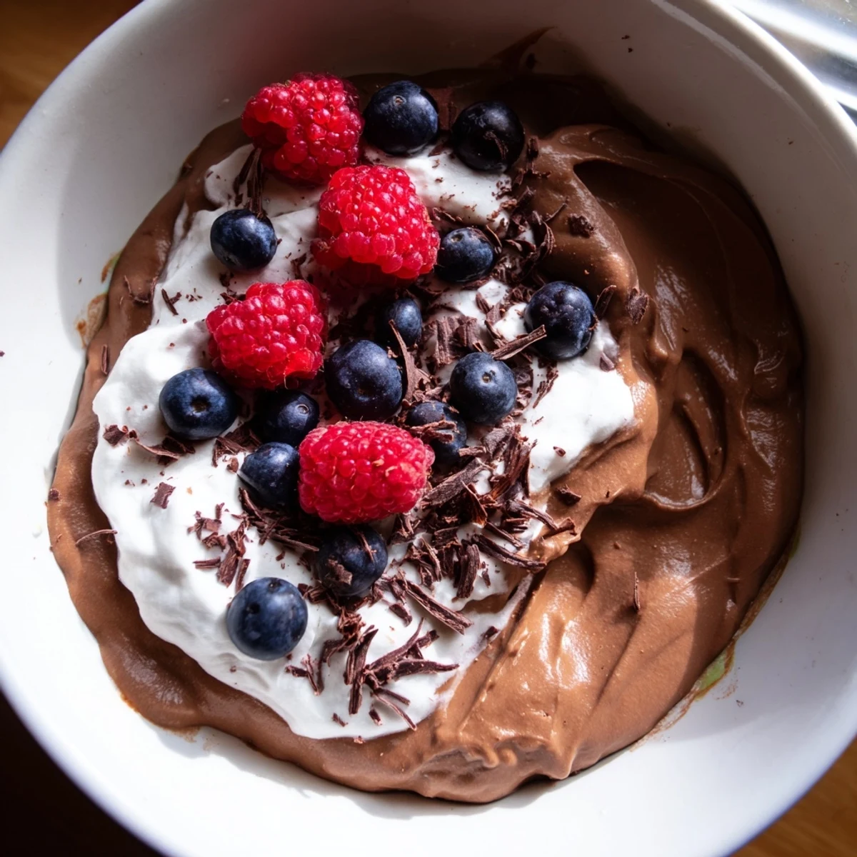 Decadent avocado chocolate pudding in a glass, topped with fresh berries and shaved chocolate.