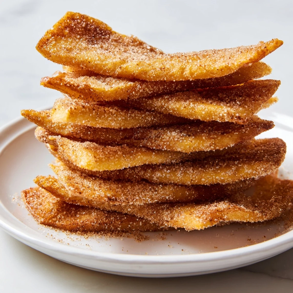 Golden, crispy cinnamon sugar tortilla chips, a sweet and simple dessert snack.