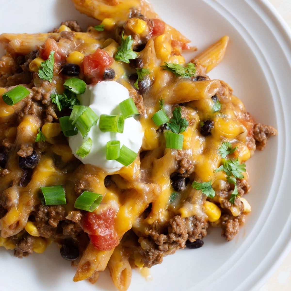 Creamy, flavorful Cheesy Taco Pasta with a satisfying combination of seasoned beef and melted cheddar cheese.