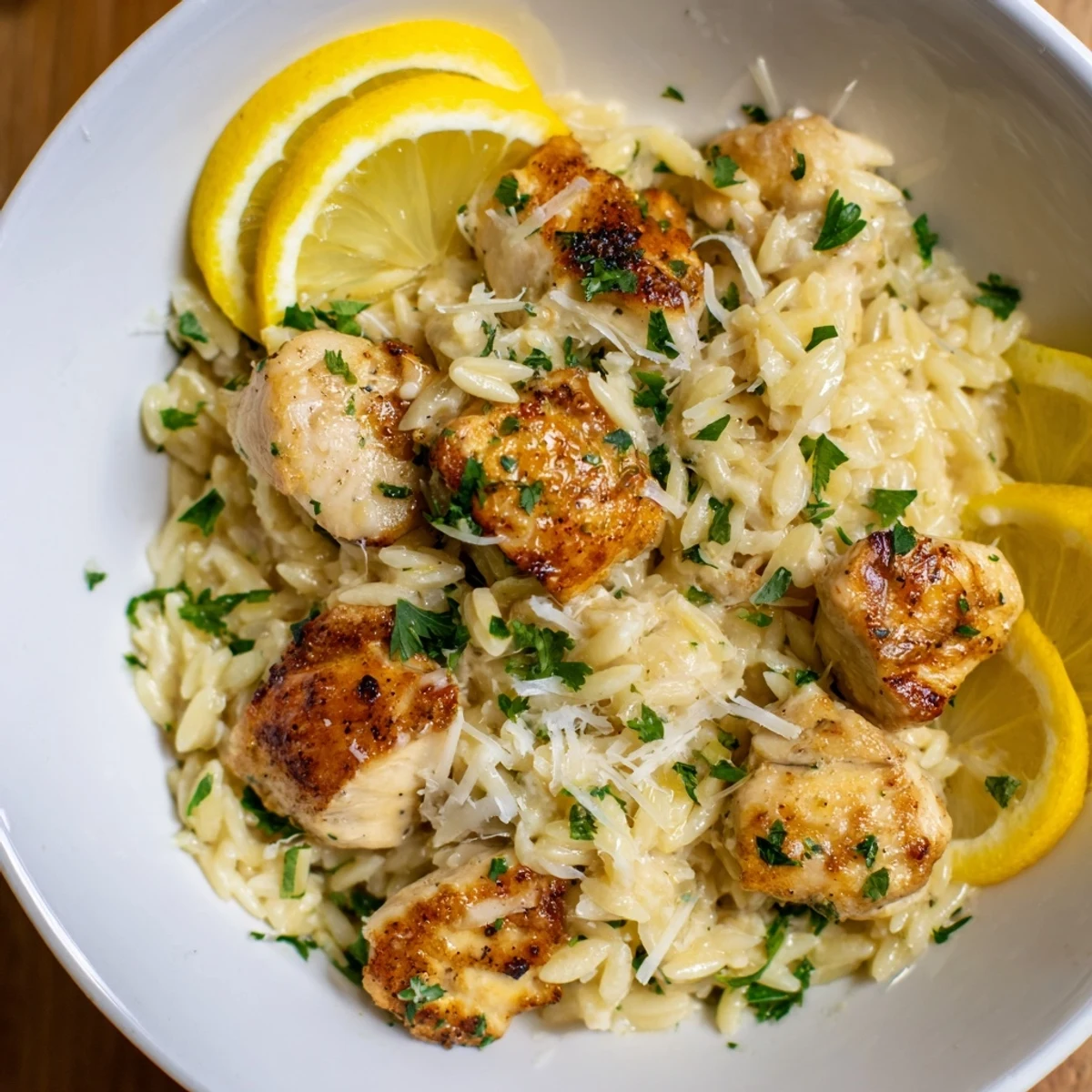 Golden-brown Creamy Lemon Chicken Orzo with parsley garnish, ready to serve and enjoy.