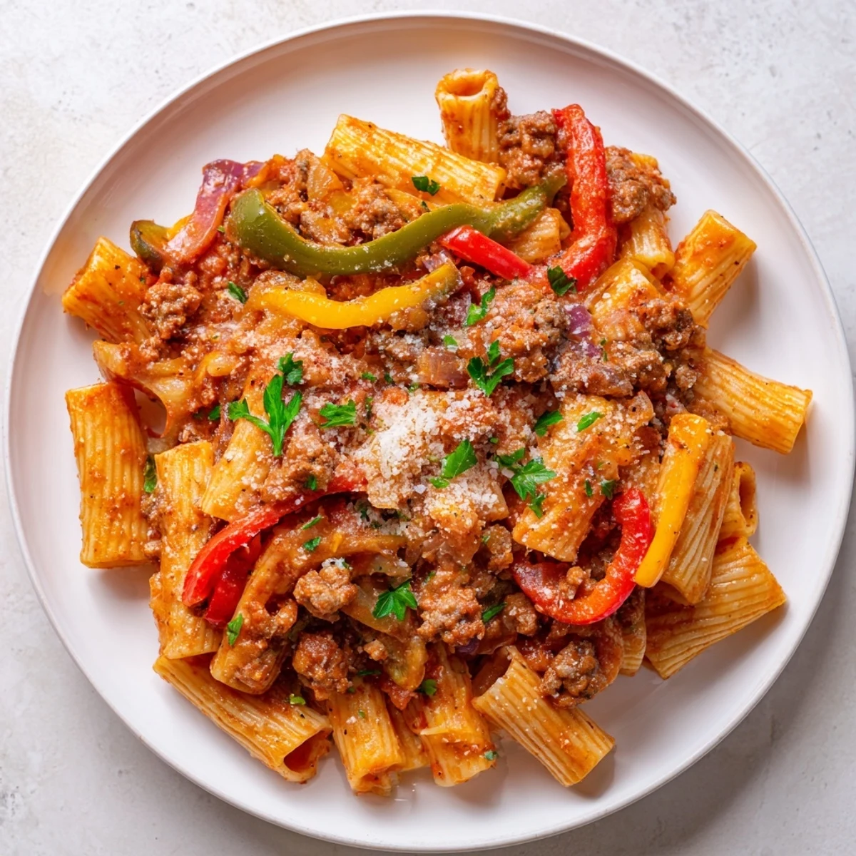 Sausage and Peppers Pasta: a vibrant bowl of pasta, sausage, and colorful peppers, ready to serve.