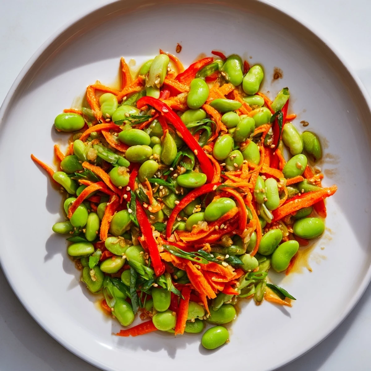 Bright green Asian Edamame Salad with vibrant veggies, sesame seeds, and a delicious ginger dressing.