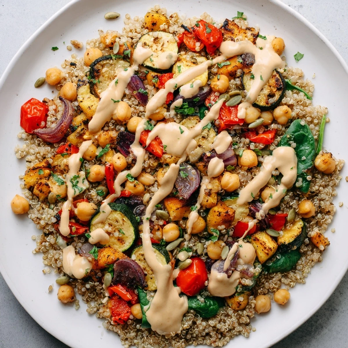 A close-up shot of the fresh and colorful Quinoa Power Protein Salad, ready to eat.
