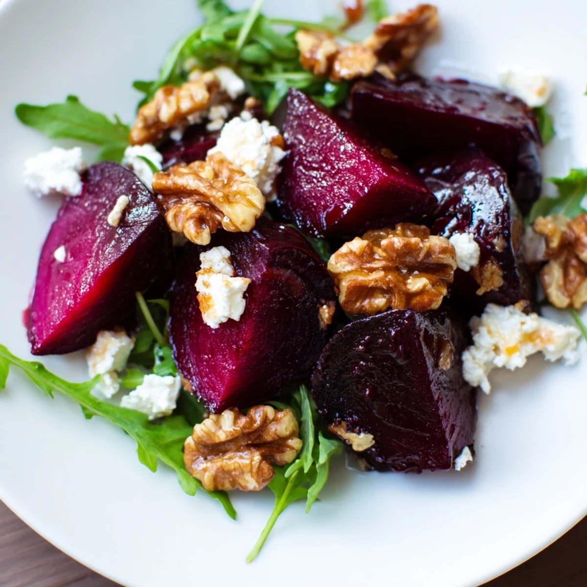 Vibrant Roasted Beet Walnut Salad, featuring tender beets and candied walnuts, drizzled with tangy vinaigrette.