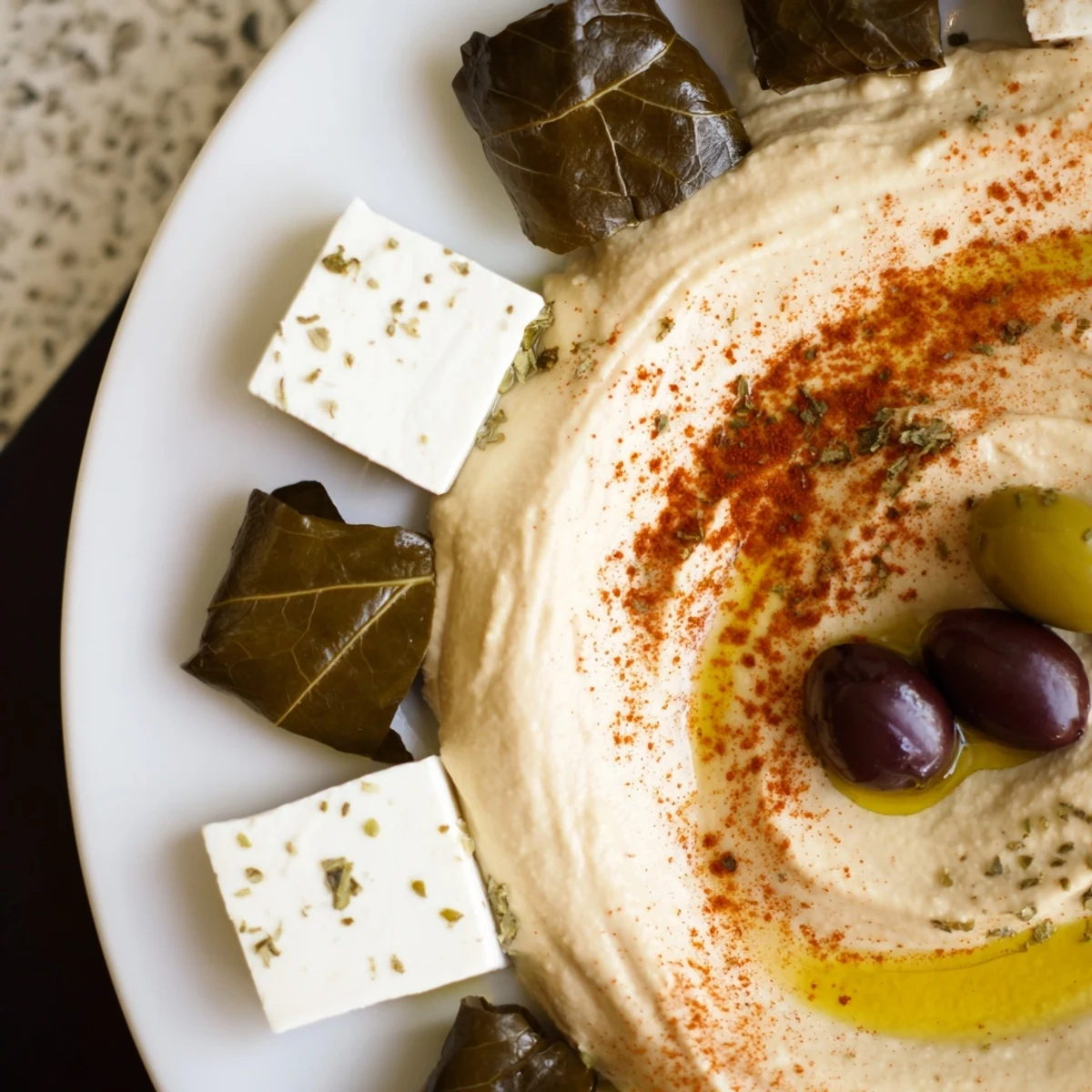 A beautifully presented Turkish Meze Platter, with varied cheeses and dolmas, ready for dipping and enjoying.