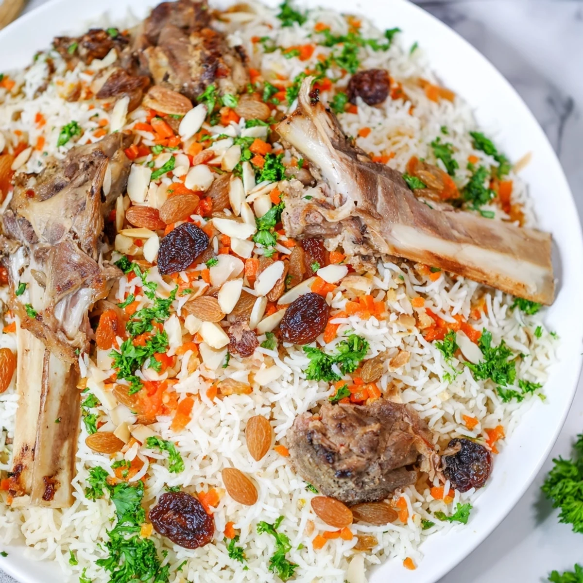 A steaming platter of Saudi Kabsa Rice with tender meat and golden raisins, ready to eat.