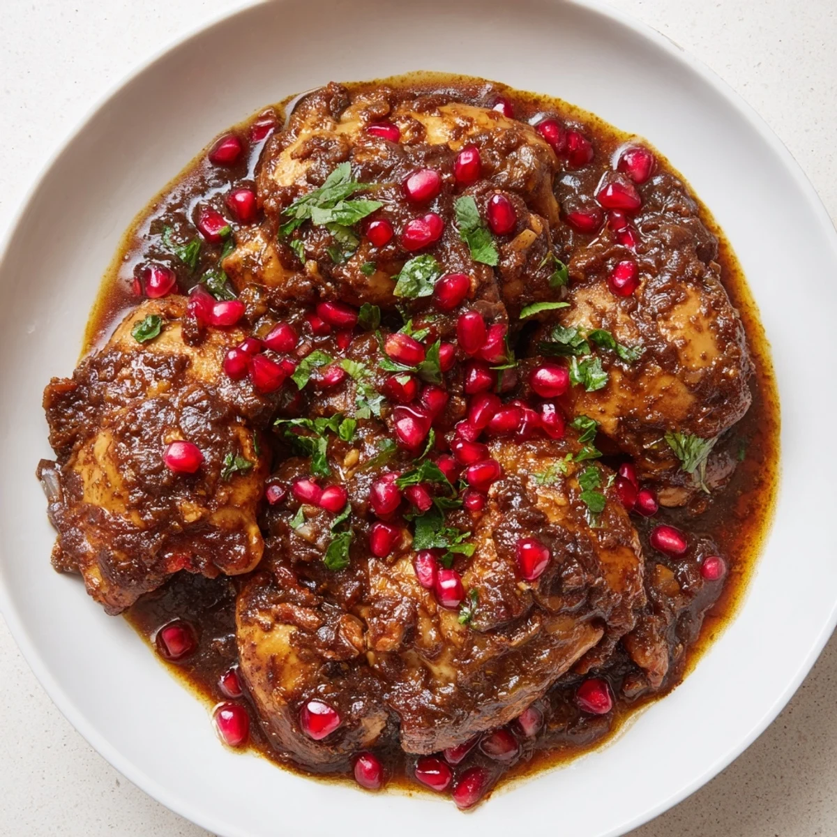 A steaming bowl of Iranian Fesenjan stew, the rich pomegranate sauce glistening with walnut oil.