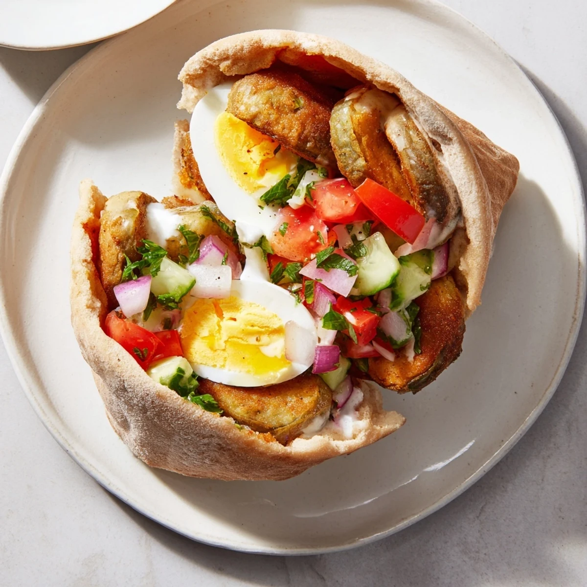 A close-up shot of an Israeli Sabich showcases layers of pita, eggplant, and fresh Israeli salad.