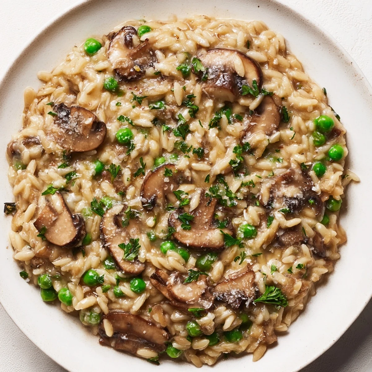 Steaming orzo mushroom risotto-style with creamy Parmesan cheese and fresh parsley, a vegetarian delight.