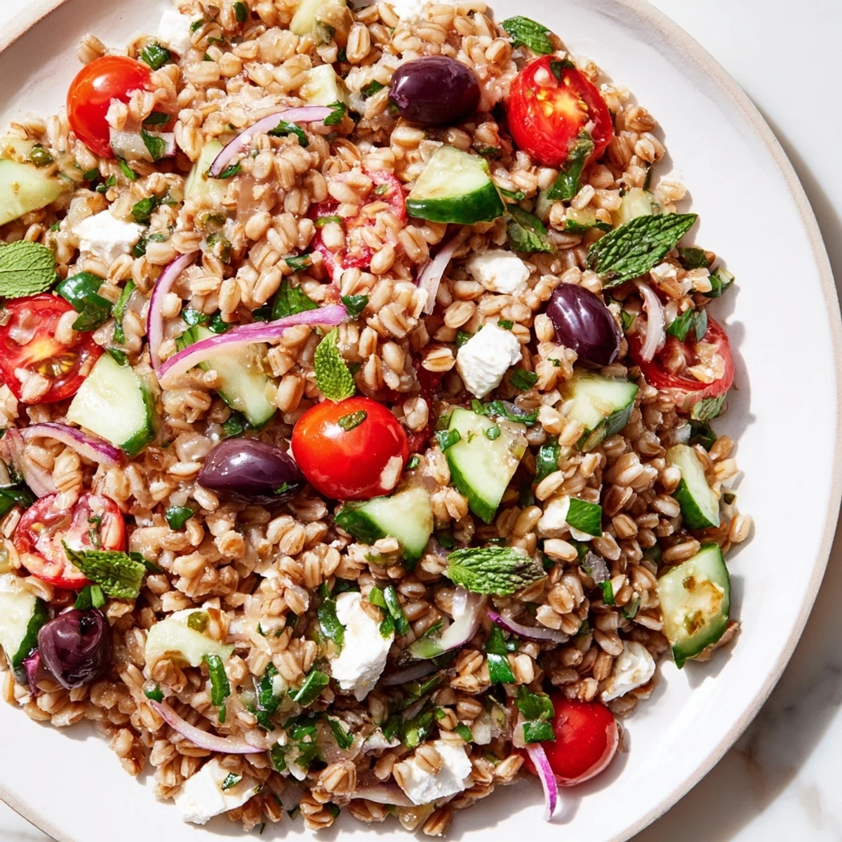 A colorful bowl of Farro Salad Mediterranean, featuring fresh vegetables and creamy feta cheese.