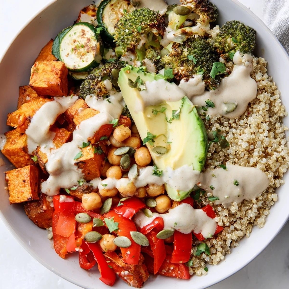 Vibrant Quinoa Buddha Bowl with tender roasted vegetables, and a delicious tahini dressing, all perfectly balanced.