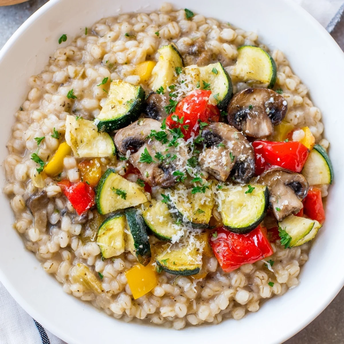 A warm bowl of creamy pearled barley, topped with colorful roasted veggies, ready to eat.