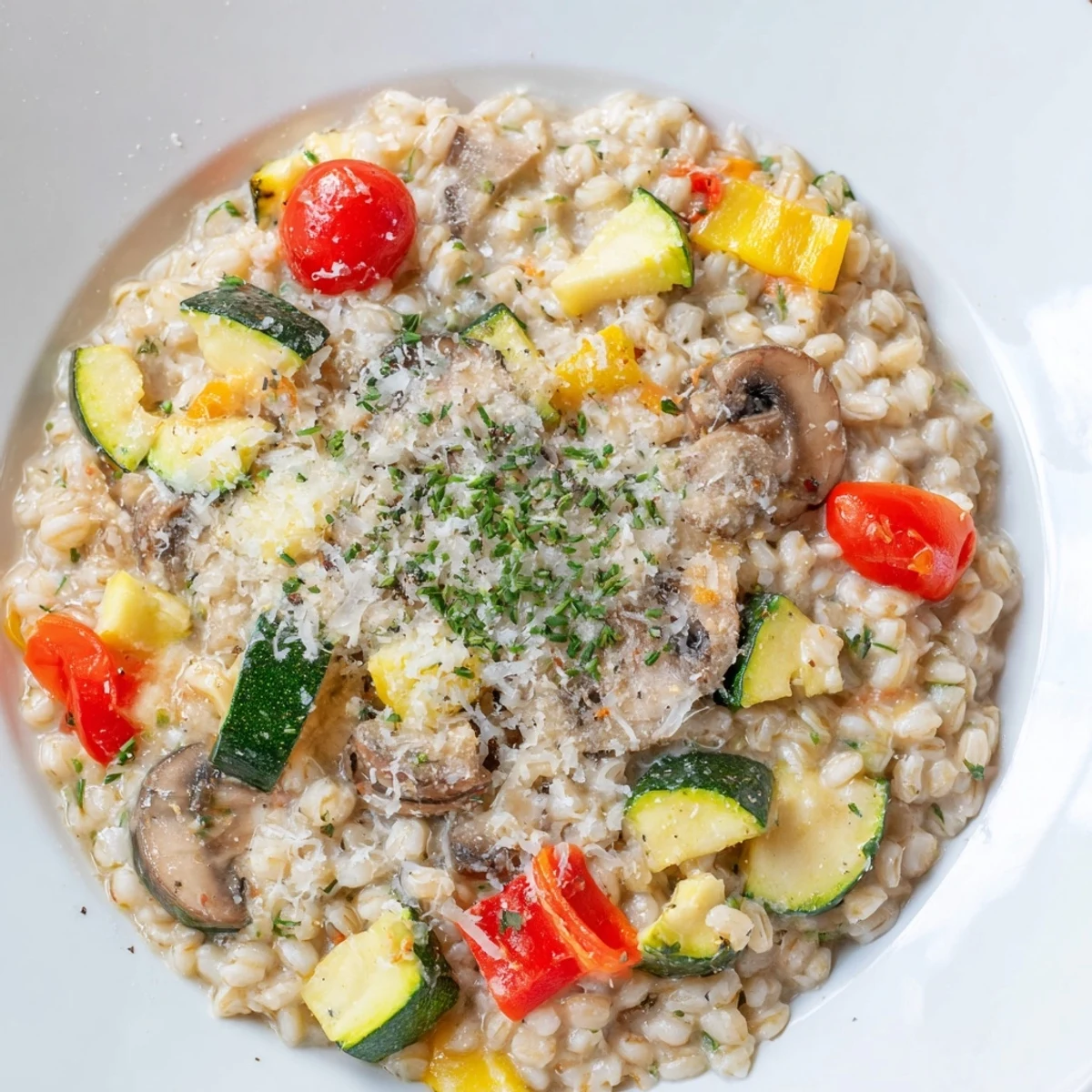 Golden-brown roasted vegetables atop the creamy pearled barley, a vegetarian main course.