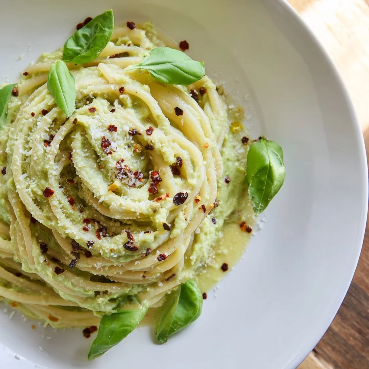 Creamy Smashed Avocado Pasta coated spaghetti, sprinkled with chili flakes and ready to serve.