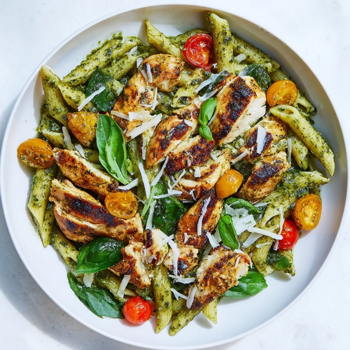 A close-up of pesto chicken pasta showcases perfectly cooked pasta and tender chicken.