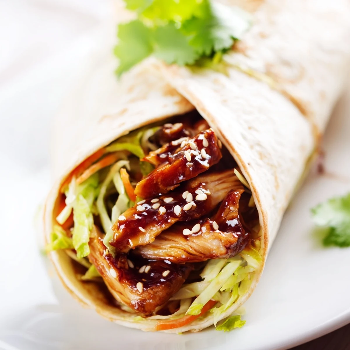 This savory teriyaki chicken wrap is filled with fresh crunchy vegetables and sesame seeds.  