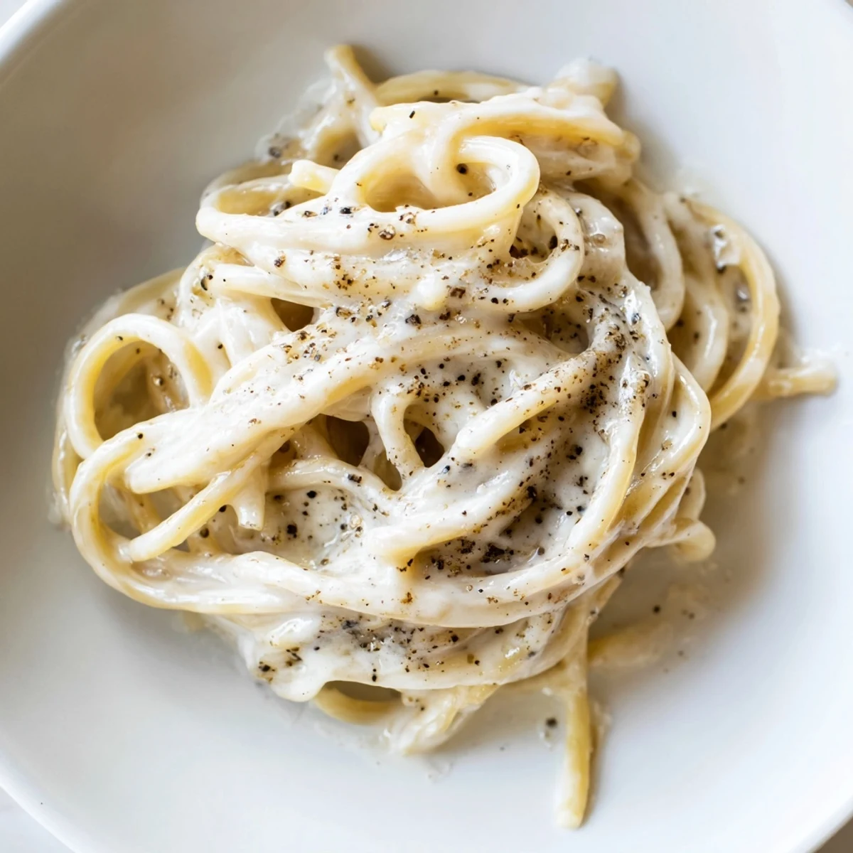 A fork twirls al dente Spaghetti Cacio e Pepe, showcasing the rich, salty cheese sauce and aromatic black pepper.