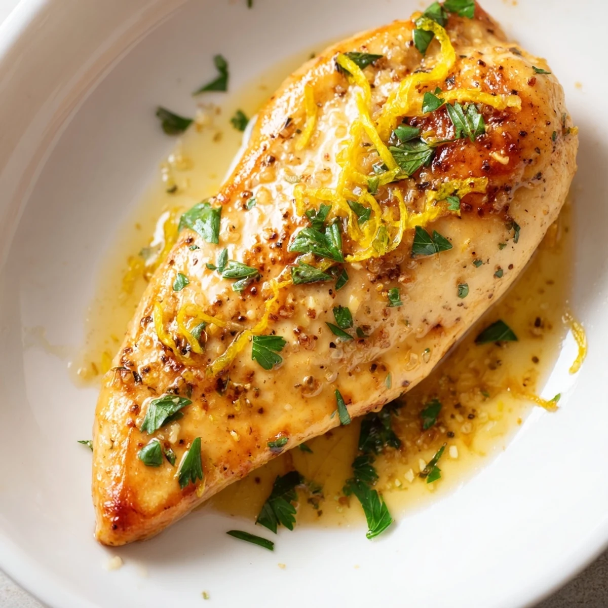 Four pan-seared chicken breasts simmered in a glossy lemon pepper butter sauce, garnished with fresh parsley on a rustic plate.