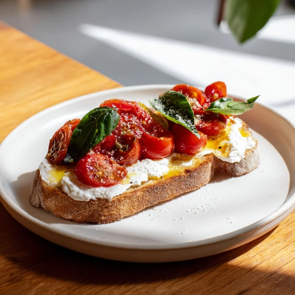 Rustic tomato ricotta toast showcases warm, caramelized cherry tomatoes and velvety ricotta on toasted bread, perfect for a quick vegetarian snack or brunch.