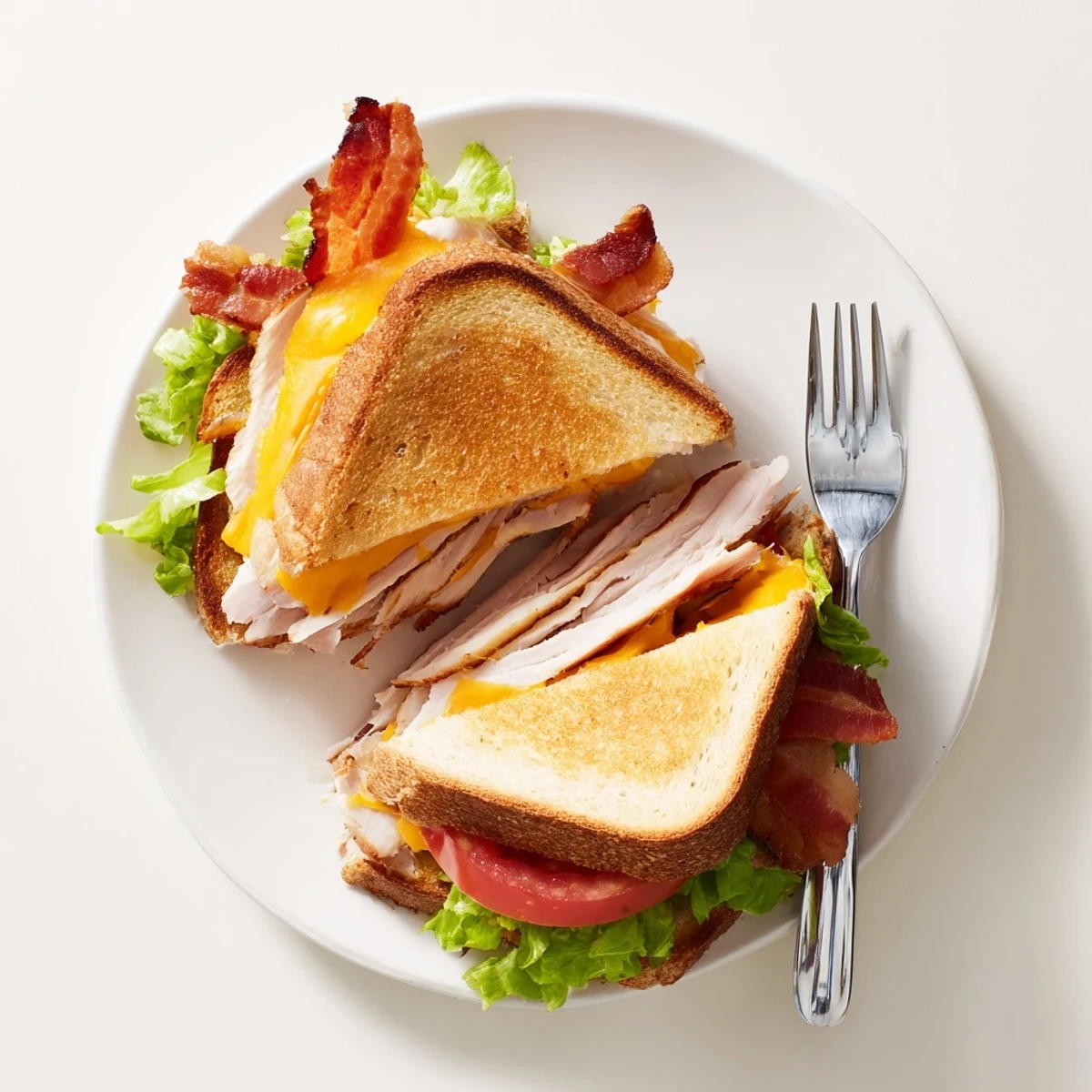 A close-up of the golden-brown Turkey Club Grilled Cheese, revealing melted cheddar, crispy bacon, and fresh lettuce.  