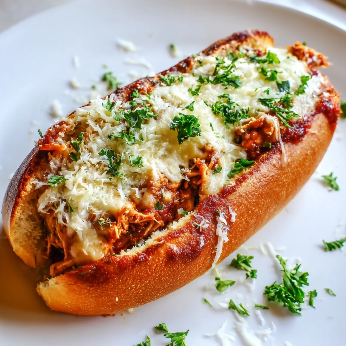 Warm, gooey Chicken Parm Stuffed Garlic Bread fresh from the oven, perfect for a hearty Italian-American dinner.