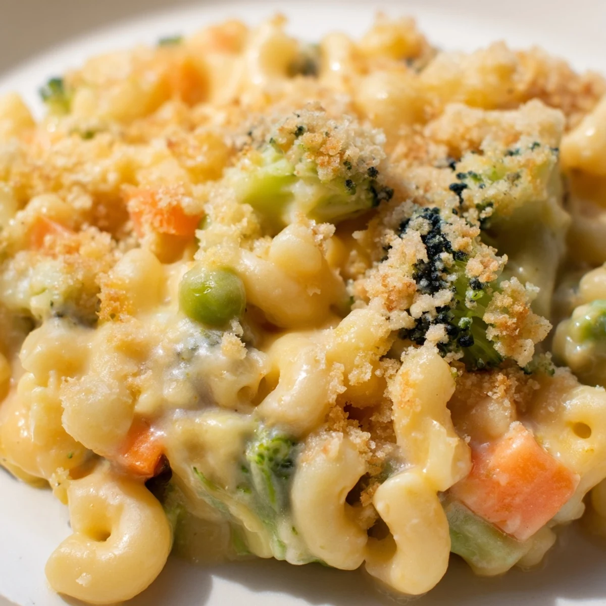 Freshly baked Garden Veg Mac and Cheese with golden panko crumbs, peas, broccoli, and carrots in a creamy cheddar sauce.