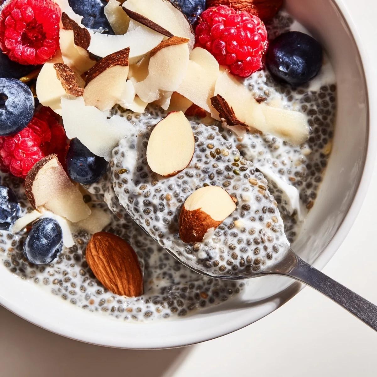 Overhead view of four small jars of Poppy Seed Chia Pudding garnished with raspberries and sliced almonds, ready for a healthy dessert or snack.