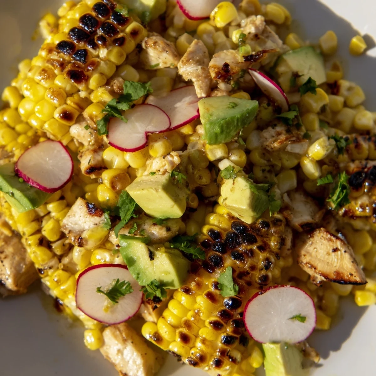 A fresh lunch idea, this Roasted Corn & Chicken Chopped Salad features juicy grilled chicken, charred corn, and a zesty lime dressing.  