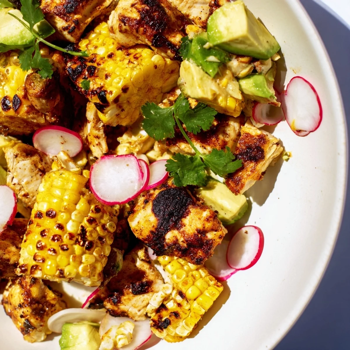 Hearty and gluten-free, the Roasted Corn & Chicken Chopped Salad combines crisp romaine, creamy avocado, and smoky corn for a refreshing dinner.