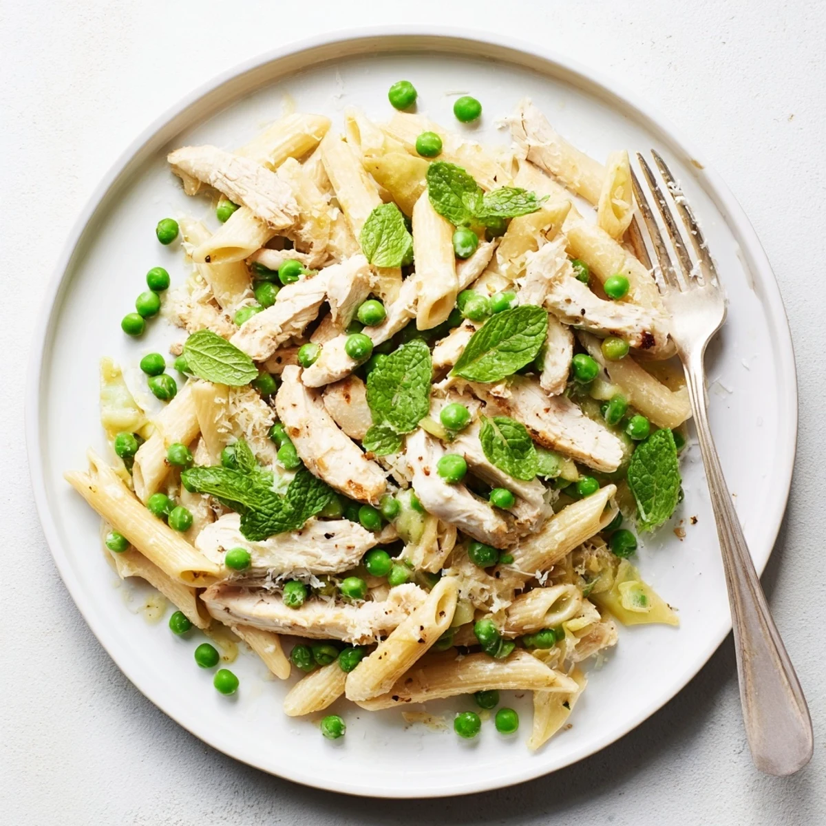 Serving suggestion for Pea & Mint Chicken Pasta with lemon wedges and fresh herbs.