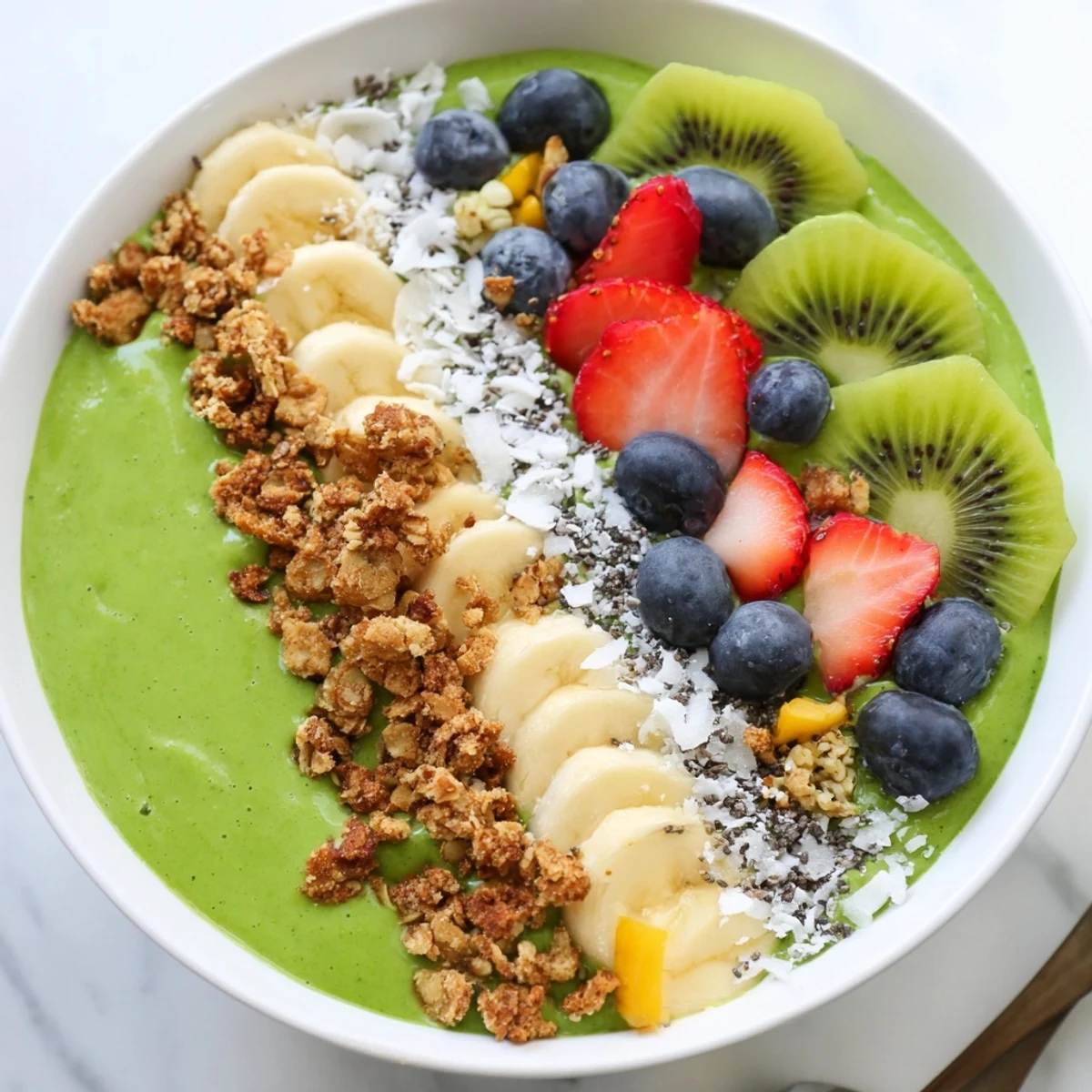 Vibrant Green Smoothie Bowl packed with fresh fruit and crunchy granola.