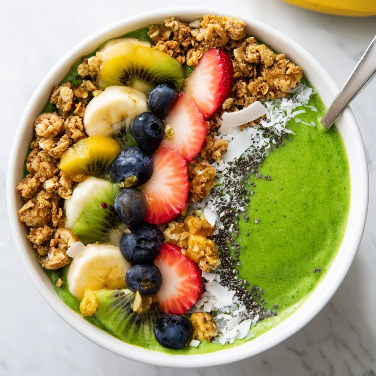 Beautiful Green Smoothie Bowl, a refreshing breakfast topped with berries and seeds.