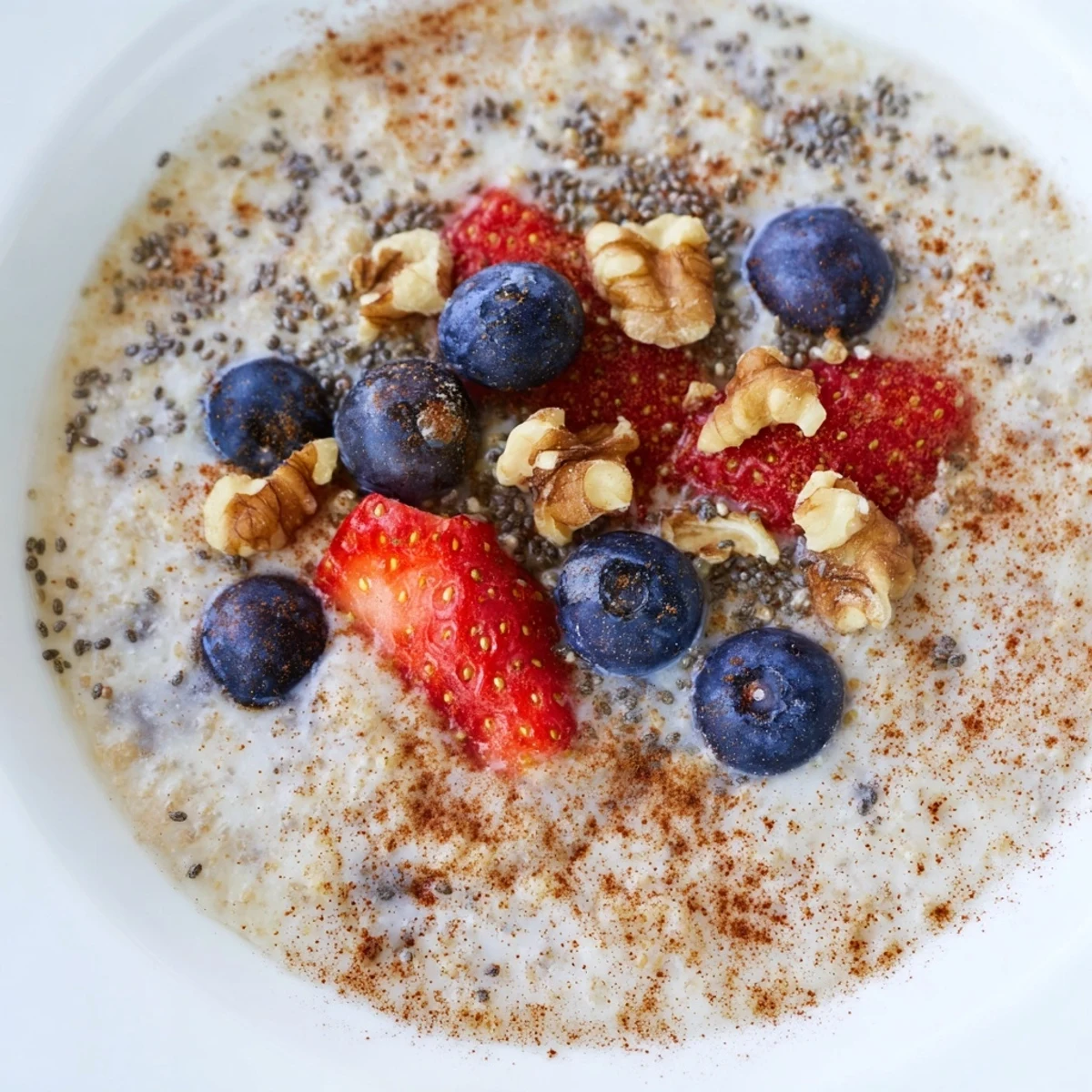 Creamy millet porridge topped with vibrant berries and a sprinkle of nuts.
