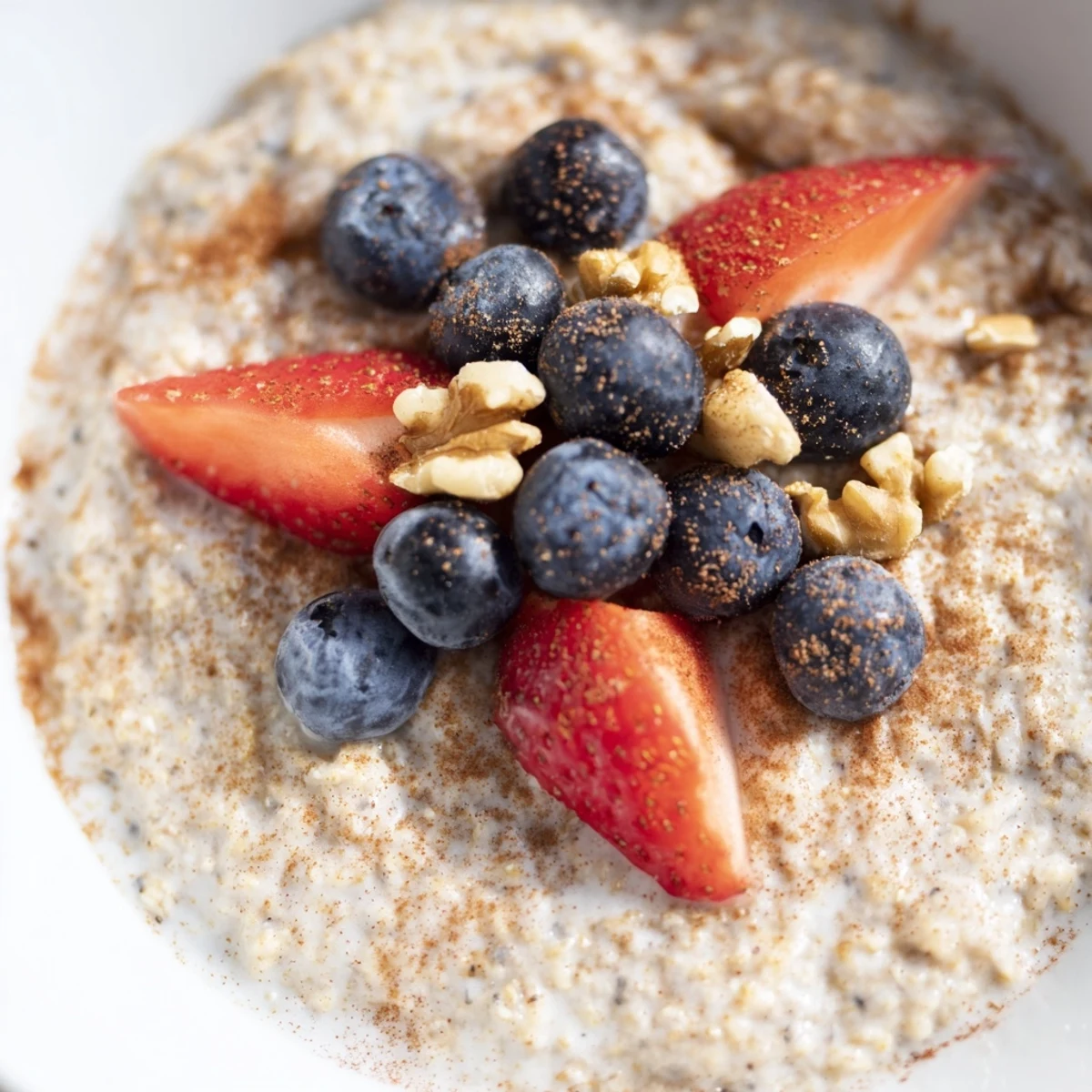 Warm millet porridge with fresh berries and a touch of cinnamon, ready to eat.
