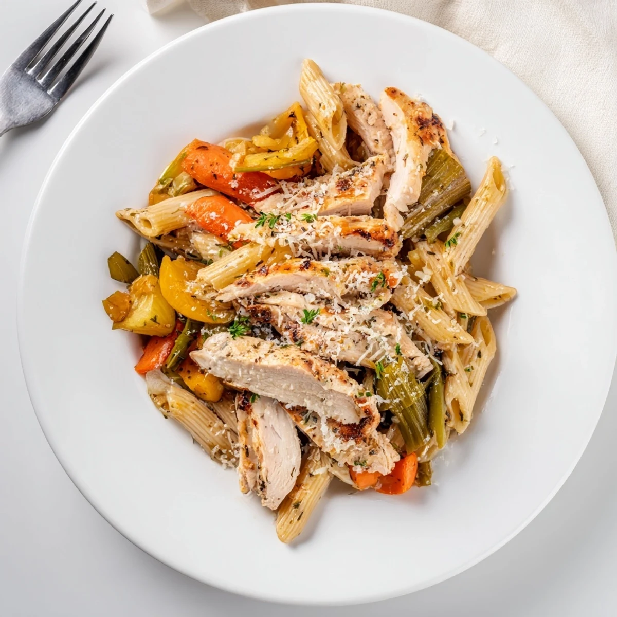 Close-up view of juicy sliced garlic herb chicken and colorful vegetables mingled with penne in a savory sauce.